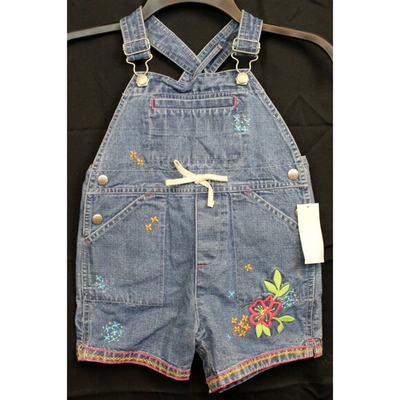 NEW 2001 Gap Kids Denim Overalls Girls sz XL Embroidered Flowers Floral Contrast - Picture 1 of 8